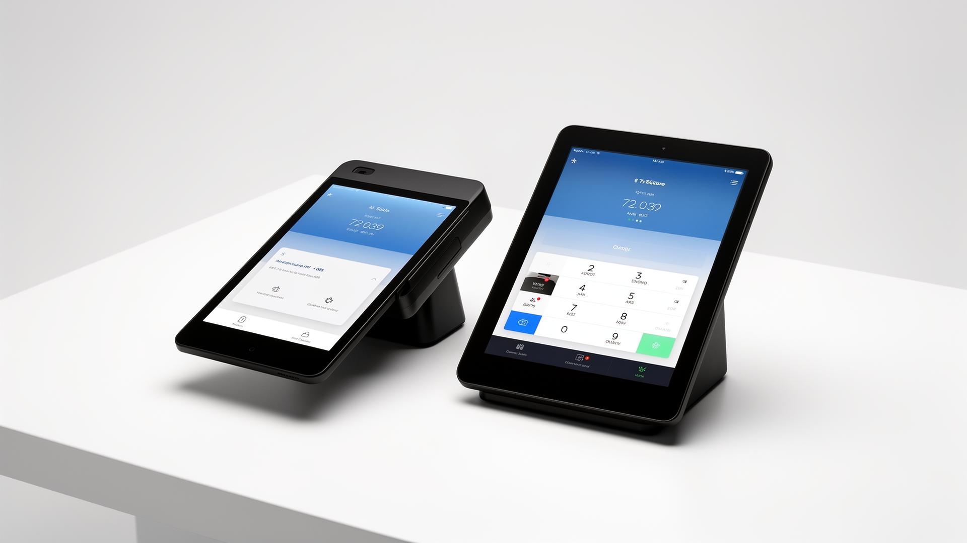 Modern POS terminals on a clean white surface